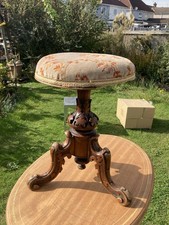 Victorian Adjustable Wooden Piano Stool Three Legs Intricate Carvings