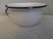 Vintage Traditional Small White Enamel Chamber Pot / Potty  Blue Trim  Planter?