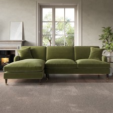 Green Velvet L Shaped Sofa 3 Seater Left Hand Facing Saddle Arms Traditional