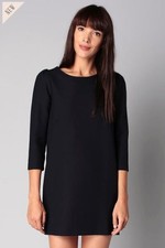 Sessun Polly M Dress S 8 10 Mini Shift Puff 3/4 Sleeve Round Neck Zip LBD Black