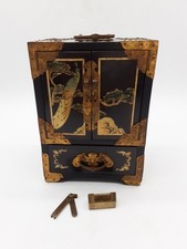 Vintage Chinese Wood, Mother of Pearl & Brass Jewellery Cabinet & Original Lock