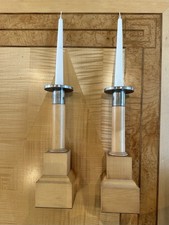 Collectible David Lindley Maple And Silver Pillar Candlesticks With Candles