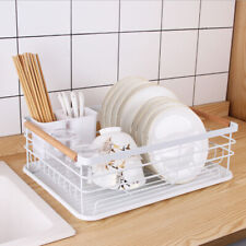 Dish Drainer Metal Wire Wooden Cutlery Draining Holder Plate Rack Kitchen Sink