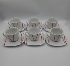 6x Sets Cups and Saucers, square with red lines, excellent condition