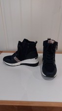 ladies size 4 (37)  expensive hidden wedge high heel navy trainer with side zips