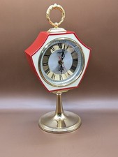 VINTAGE 1970s RHYTHM Pedestal MANTEL CLOCK red gold Wind Up Alarm Made In Japan