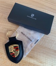 Genuine Porsche Black Leather Keychain Crest Emblem Car Key Ring Authentic Gift