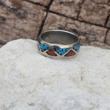 Navajo Handmade Chip Inlay Turquoise And Coral Band Pinky Ring Sz 3.75