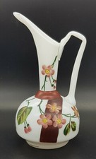 Antique Hand Blown Milk Glass Jug/Bud Vase With Enamelled "Forget Me Not"Flowers