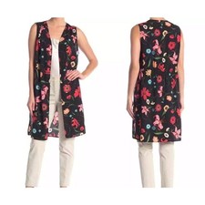 Pleione Floral Duster Vest Open Front Sleeveless Black / Red Size M, Side Split