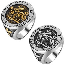 Men Retro Stainless Steel St Saint Christopher Protect Ring Catholic Signet Band