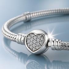Ladies 19cm Charm Bracelet - 925 Sterling Silver Sparkling Crystal Heart Clasp
