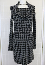Isabel De Pedro Dress Size 12 Grey Black Cowl Neck Houndstooth Print Bodycon