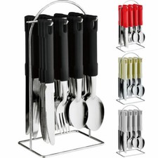 NEW 24PC CUTLERY DINNER SET STAINLESS STEEL METAL STAND RACK FORKS SPOONS DINING