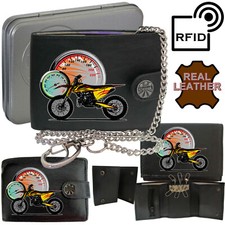 Motorbike Wallet Soft Real Leather Biker Personalised Chain Men's Gift Tin RFID
