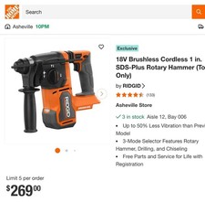 RIDGID 18V Brushless 1" SDS-Plus Rotary Hammer Drill R86712B – Open Box