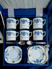 ART DECO CASED COFFEE ESPRESSO SET 1930s TUDORWARE ENGLAND 6 CUPS/SAUCERS/SPOONS