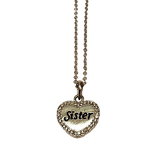 Vintage "Sister" Heart Rhinestone Pendant Chain Necklace 11" L Silver Metal Gift