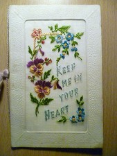 WW1 Silk Postcard Hand Work Fabrication Francaise Gloria 'Keep Me In Your Heart'