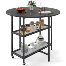 GAINOOM 100CM Black Round Kitchen Table Modern Dining Table w/Drop Leaf Tabletop
