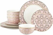 12 Piece Dinner Set Fine China Serving Dish Dessert Plate Cereal Bowl Pink Gold