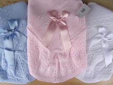 Baby Knitted Shawl Blanket  Crochet Pink White Blue Christening 100 x 100cm Box