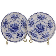 Ridgway Gondola 2pc  Blue  Boat Scene of Venice 10 1/4" Plates Antique 1820's