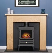 ELECTRIC FIRE STOVE OAK MANTLE BLACK FIREPLACE LOG STOVE SURROUND SUITE BNIB