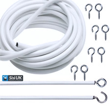 NET CURTAIN WIRE WHITE WINDOW VOILE CABLE CORD WITH HOOKS AND EYES 2M 3M 4M 5M.