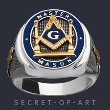 Masonic Ring Master Mason Freemason Pillars Silver 925 18KGoldPlated blue enamel