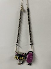 Betsey Johnson Necklace Lovely Big Black Cat with Pink Tutu and Crystal Inlay