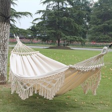 Double Boho Macrame Hammock with Elegant Tassels for Indoor Outdoor Garden Patio