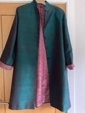 Ladies long coat jacket Green Silk Mandarin Collar pink gold lining UK 10 EU 38