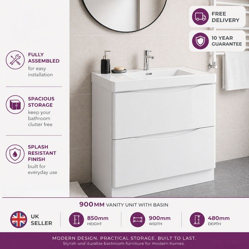 900mm white gloss vanity unit - gloss,