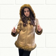 Vintage Beige Faux Fur Trimmed Hooded Full Zip Afghan Jacket Womens Medium