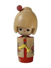 Vintage Japanese Kokeshi Hand Carved Wooden Doll  Floral Design 5 1/2” T