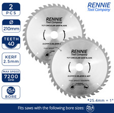 2 x TCT Circular Wood Blades 210mm x 40T fits Evolution Rage Saws 25.4mm Bore