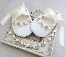 Girl Baptism Shoes in Ivory, Christening Shoes and Tiara Headband And Roses