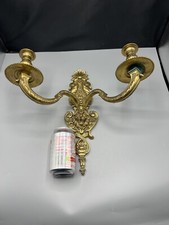 Vintage Large Wall Candle Holder Twin Sconce+Lion Mask Heavy Gilt Brass Mid Cent