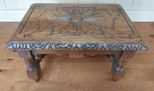 Antique Victorian carved oak  hearth stool, footstool, turned stretchers