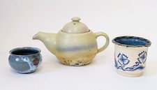 3 Vintage Scottish Islands Studio Pottery,1 x Uig Skye  Teapot, 2 x Orkney Bowls