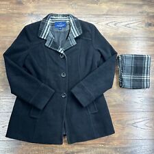New England Mackintosh Wool Coat With Plaid Scarf & Lining Black Sz M Womens
