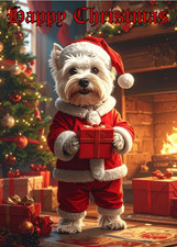 WEST HIGHLAND TERRIER CHRISTMAS CARD WITH A WESTIE DOG IN A XMAS SANTA SUIT