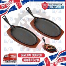 2 LARGE SIZZLING PLATES HEAVY DUTY STEAK OVEN DISH  SIZZLER SERVING WOODEN BASE