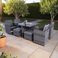 9 Piece Rattan Dining Set Garden Furniture Cube Table Chair Stool Cushion Seat