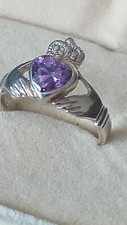 Vintage 1970-s Celtic Claddagh Amethyst 925 Silver Ring in Box UK L 3/4, US 6