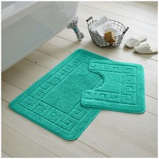 JACQUARD GREEK BATH MAT PEDESTAL SET 2 PIECE NON SLIP SOFT TOILET BATHROOM RUGS