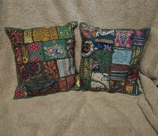 2 Beautiful Indian Patchwork Embroidered Cushion Covers ,Cushions Included Green