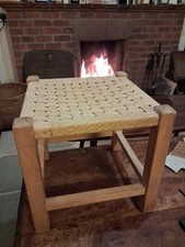 Vintage Retro Rope Rattan Hemp Small Wooden Foot Stool Woven Top 29 x 29x 29cm