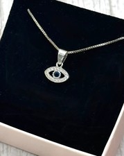 925 Silver Blue CZ Evil Eye Pendant Necklace Women Men Box Chain Jewellery Gift